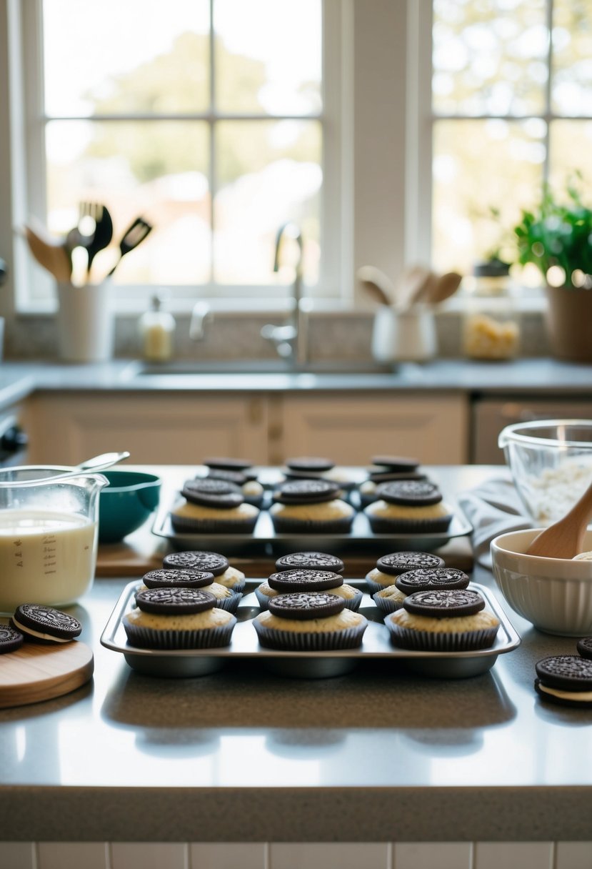 A kitchen counter with a tray of Oreo cupcakes surrounded by baking ingredients and utensils, with a cozy and inviting atmosphere