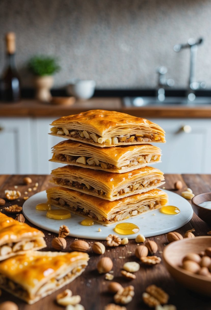 A rustic kitchen counter adorned with golden, flaky double nut baklava, surrounded by scattered nuts and a drizzle of honey