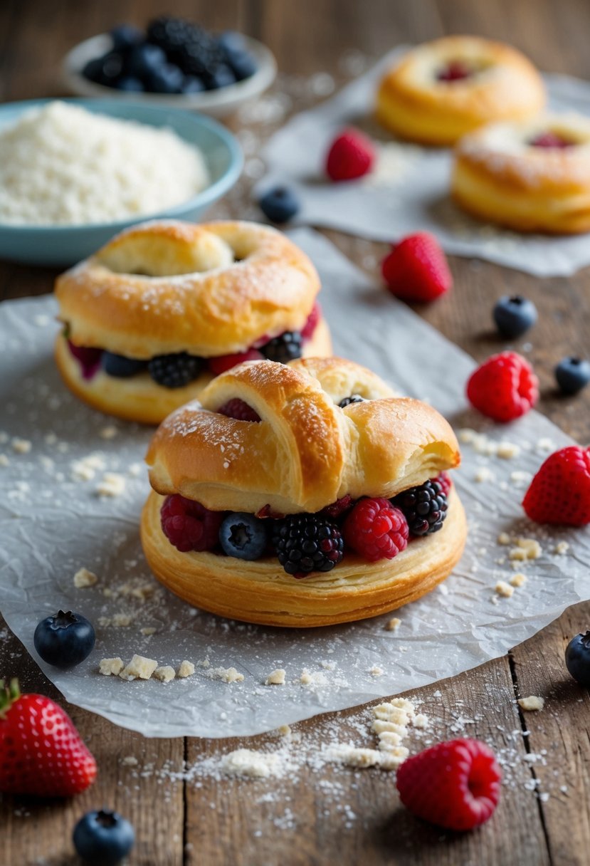 A golden flaky pastry filled with assorted berries, displayed on a rustic wooden table with scattered flour and fresh berries