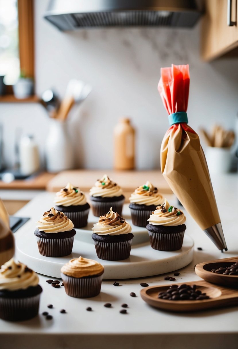 A kitchen counter with coffee cupcakes, piping bag, and decorative toppings