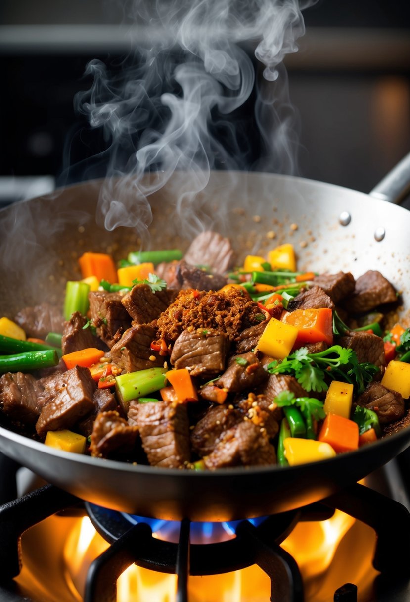 A sizzling wok filled with marinated beef, colorful vegetables, and aromatic spices. Steam rises as the ingredients are tossed together over a high flame