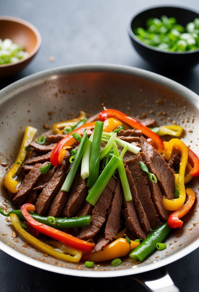 A sizzling wok filled with thinly sliced beef, vibrant green scallions, and colorful bell peppers, all tossed in a savory Mongolian sauce