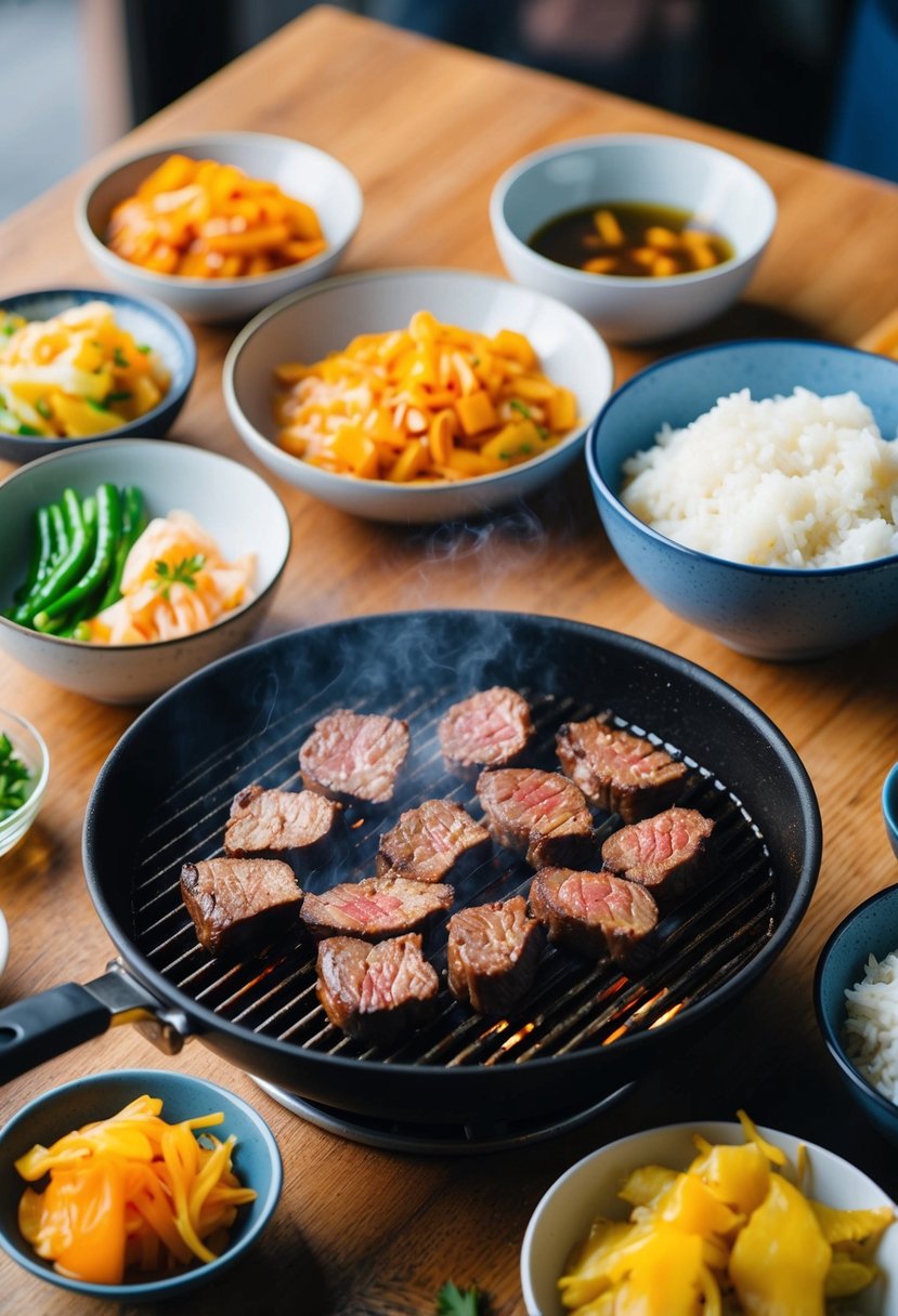 A sizzling grill cooks marinated beef slices, surrounded by bowls of rice, kimchi, and pickled vegetables on a wooden table