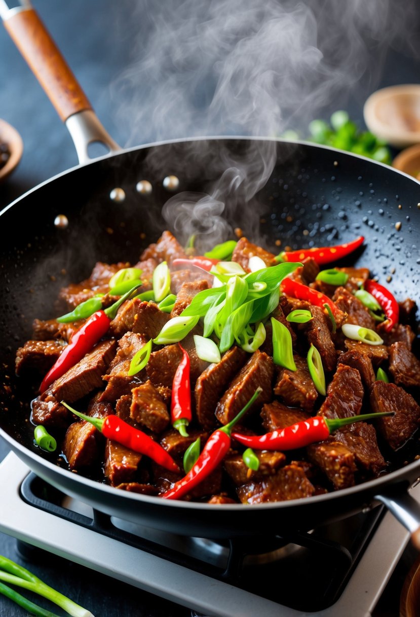 A sizzling wok of Spicy Szechuan Beef with vibrant red chilies and green scallions, steaming and fragrant, ready to be served