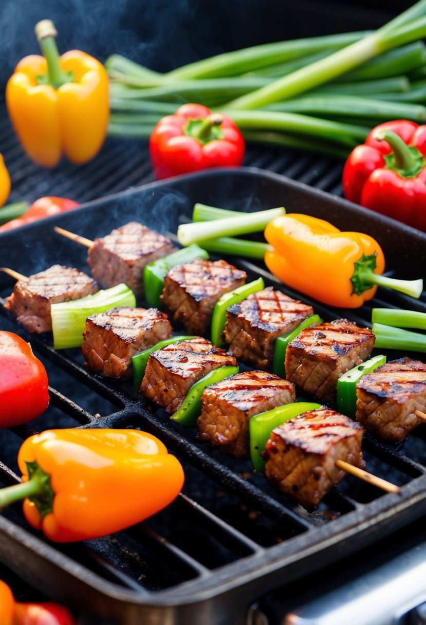 A sizzling grill with skewers of teriyaki beef, surrounded by vibrant green scallions and colorful bell peppers