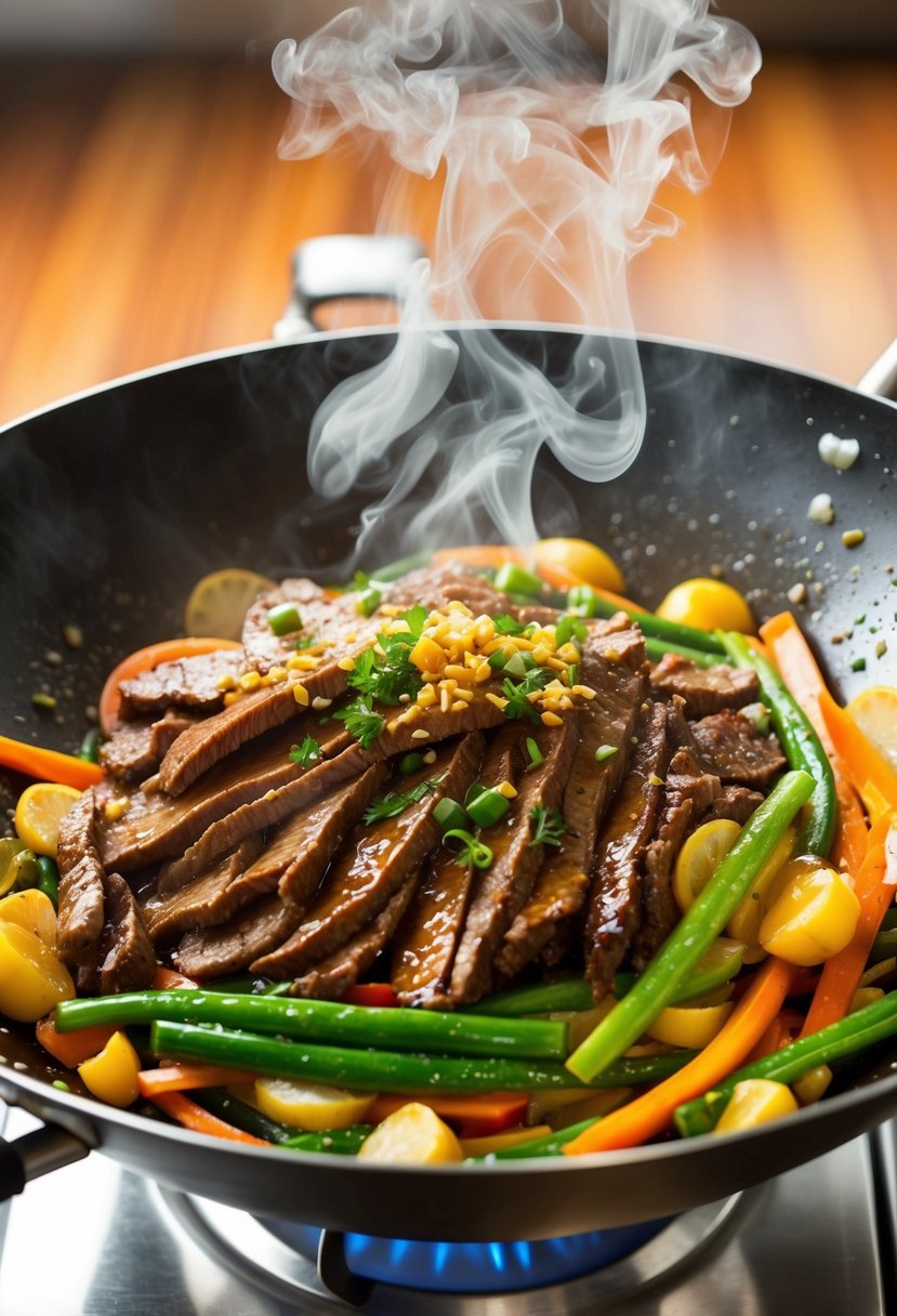 A sizzling wok filled with thinly sliced beef, colorful vegetables, and a glossy honey garlic sauce, emitting fragrant steam