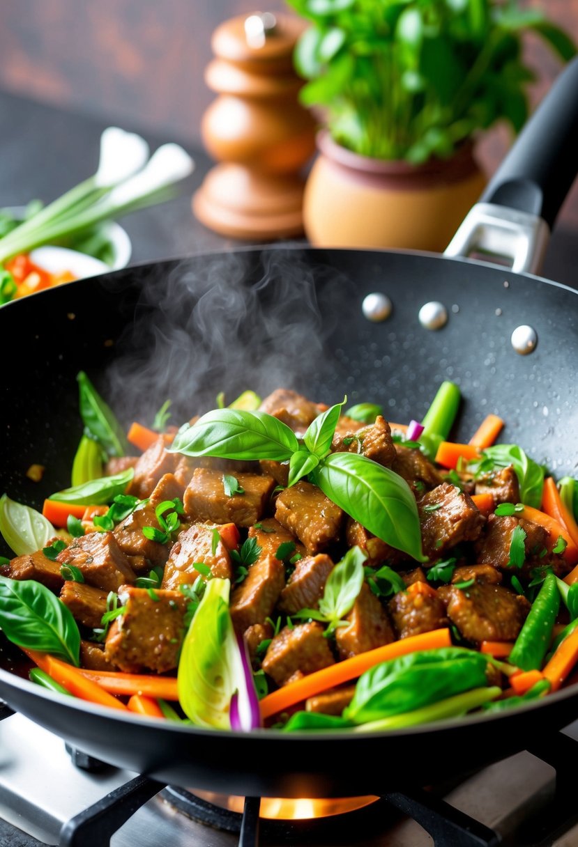 A sizzling wok cooks Thai basil beef with vibrant green herbs and colorful vegetables