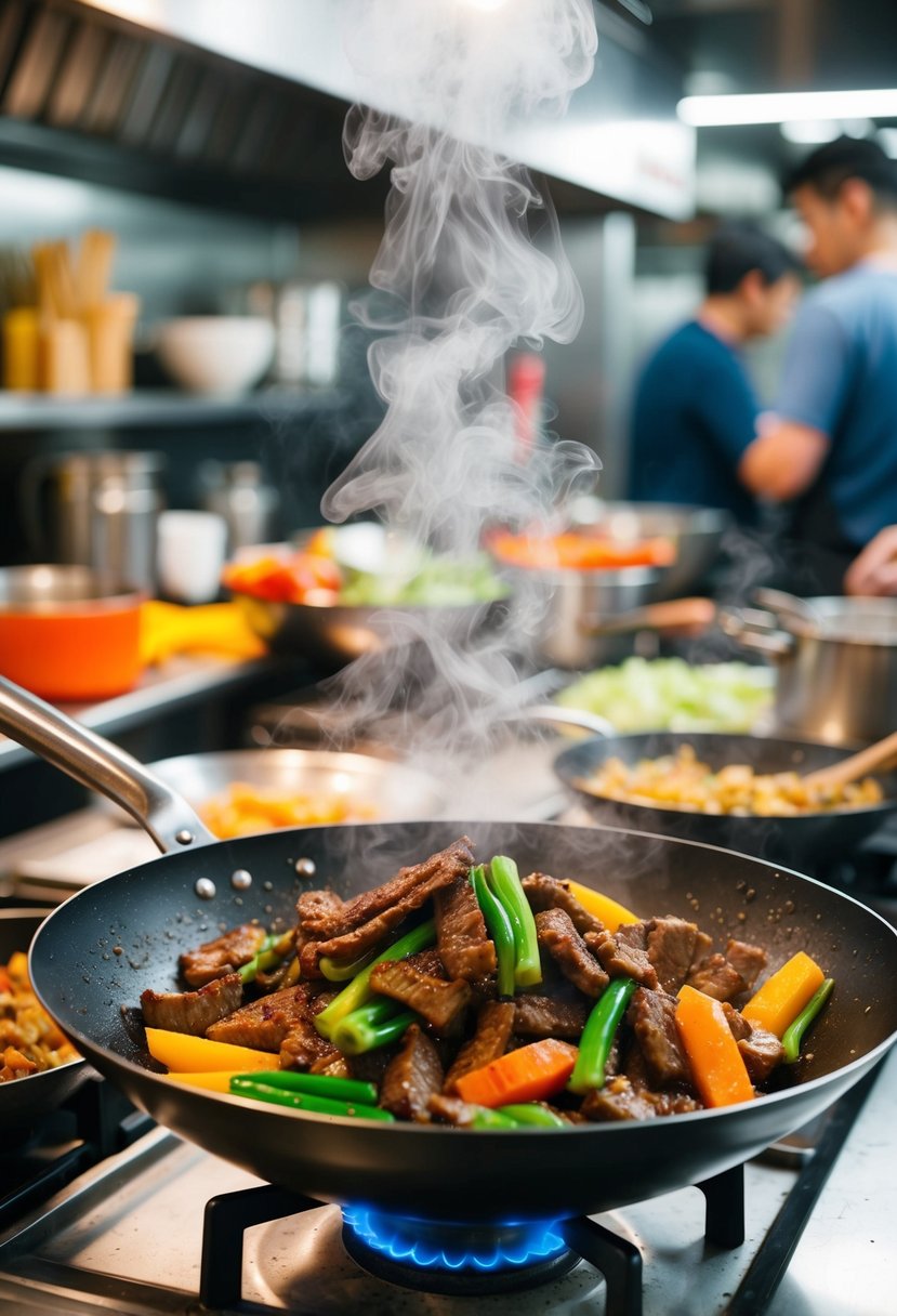 A sizzling wok filled with stir-fried ginger beef and colorful vegetables, emitting aromatic steam in a bustling Asian kitchen