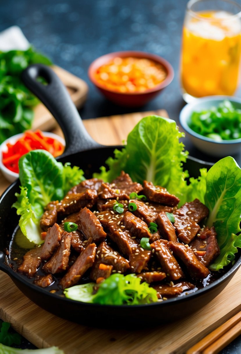 A sizzling skillet of hoisin beef, surrounded by vibrant lettuce leaves and a variety of colorful Asian-inspired ingredients