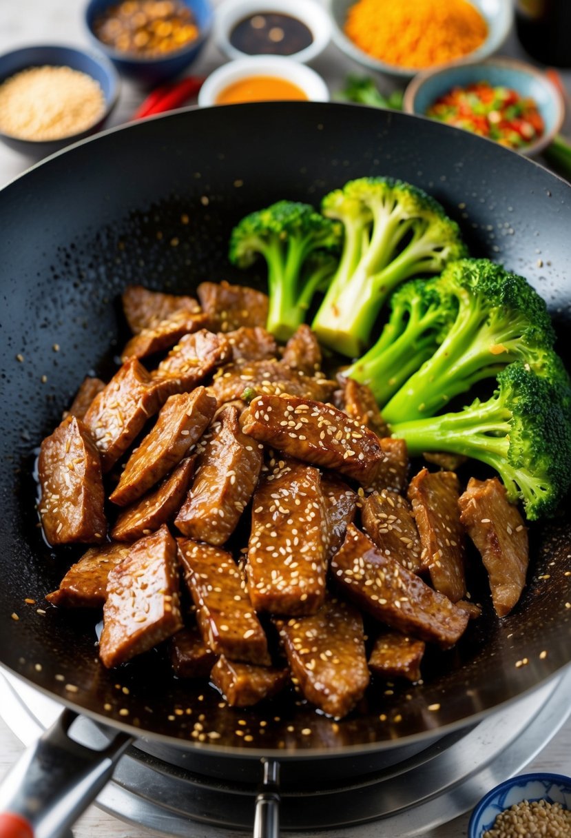 A sizzling wok with tender slices of sesame-coated beef and vibrant green broccoli, surrounded by an array of colorful Asian spices and sauces