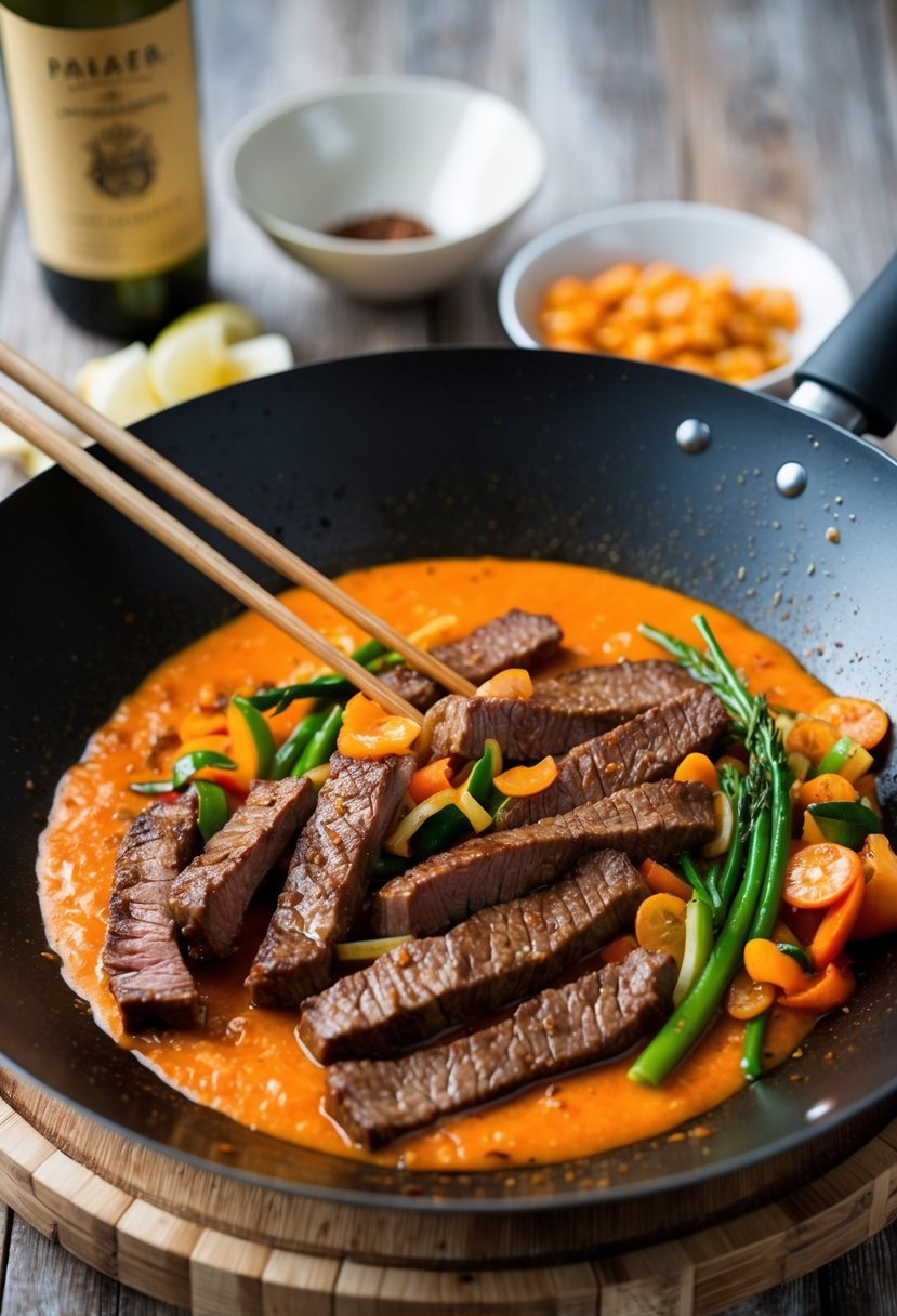 Sizzling beef strips in a wok with vibrant orange sauce and crispy vegetables