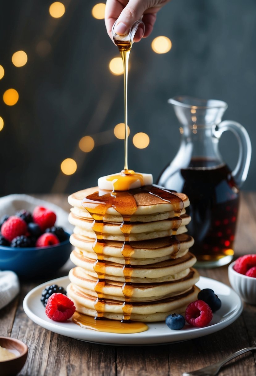 A stack of fluffy pancakes drizzled with maple syrup, accompanied by a pitcher of syrup and a bowl of fresh berries