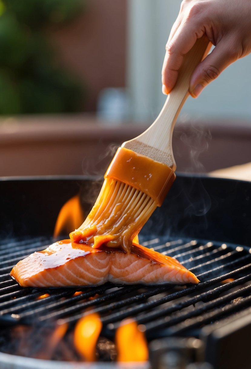 A piece of salmon being brushed with maple glaze on a sizzling hot grill