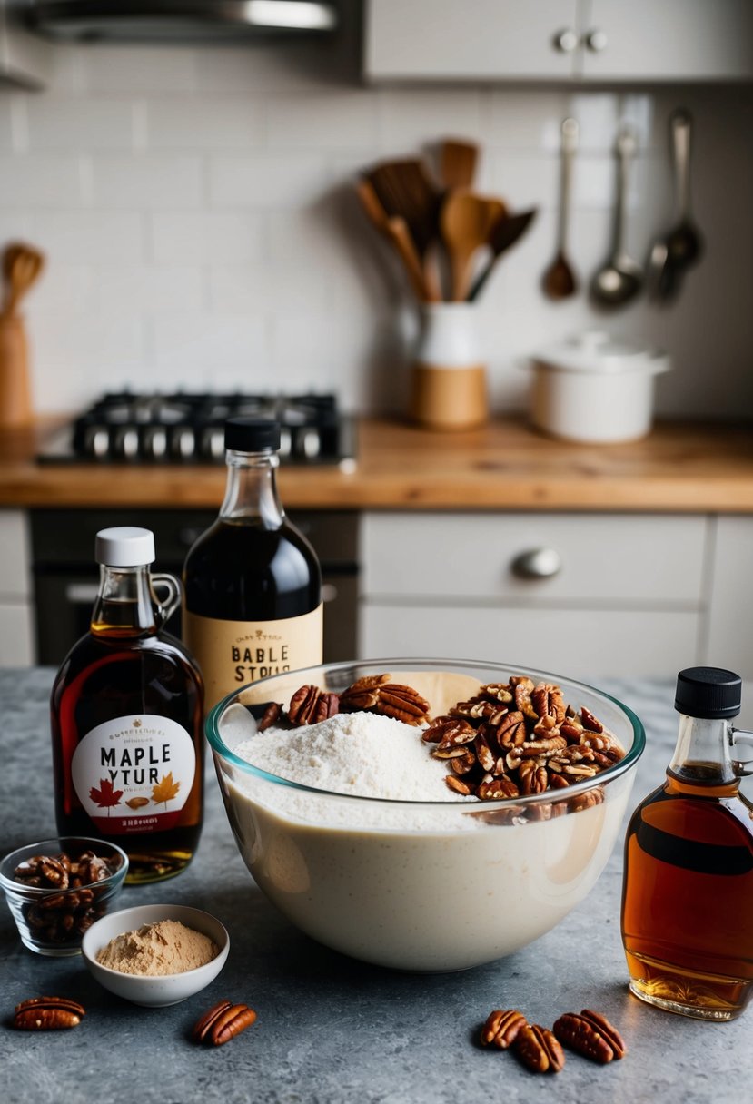 A kitchen counter with a mixing bowl filled with ingredients for maple pecan blondies, surrounded by bottles of maple syrup and pecans