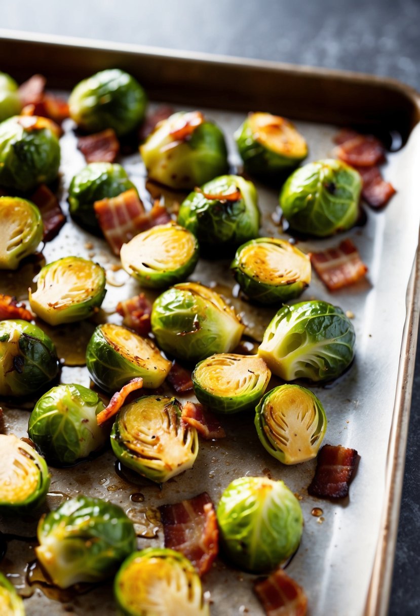 Brussels sprouts drizzled with maple syrup and bacon, roasting on a baking sheet