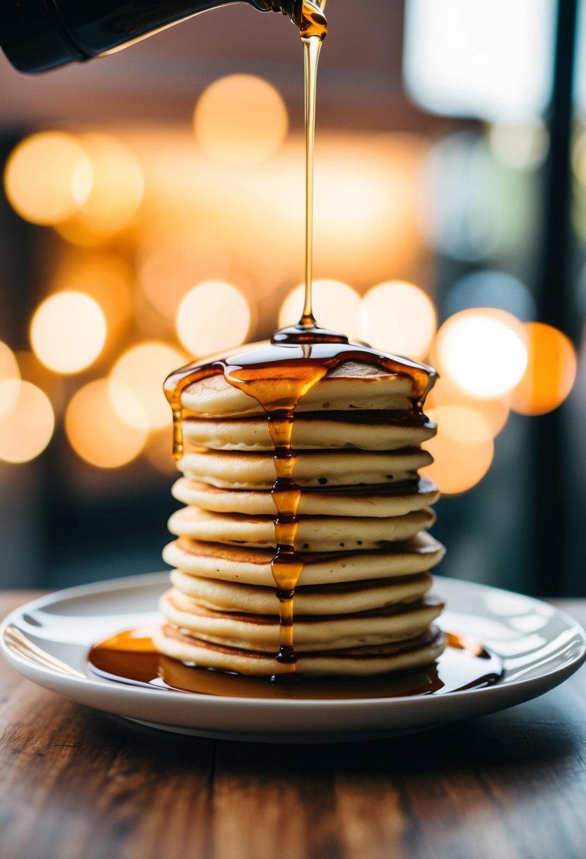 A stack of golden pancakes topped with dripping maple syrup