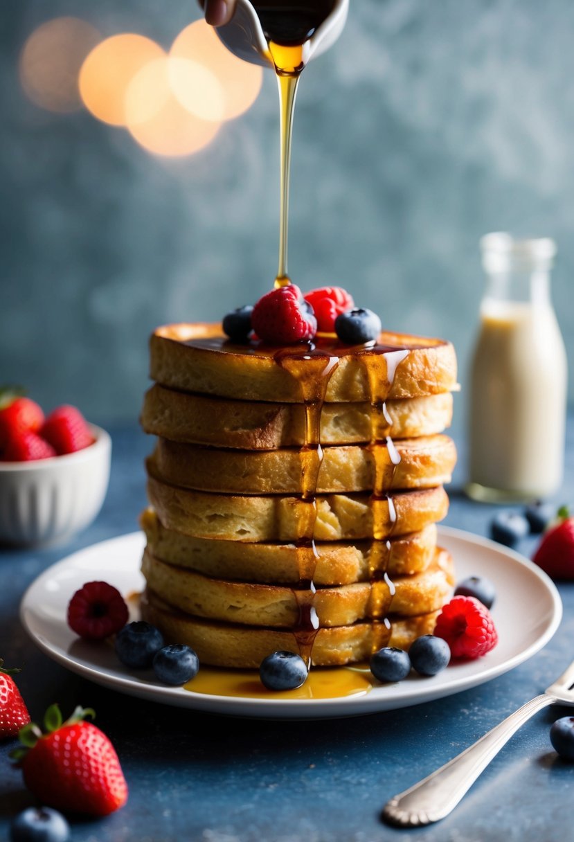 A stack of French toast sits on a plate, drizzled with maple syrup and surrounded by fresh berries