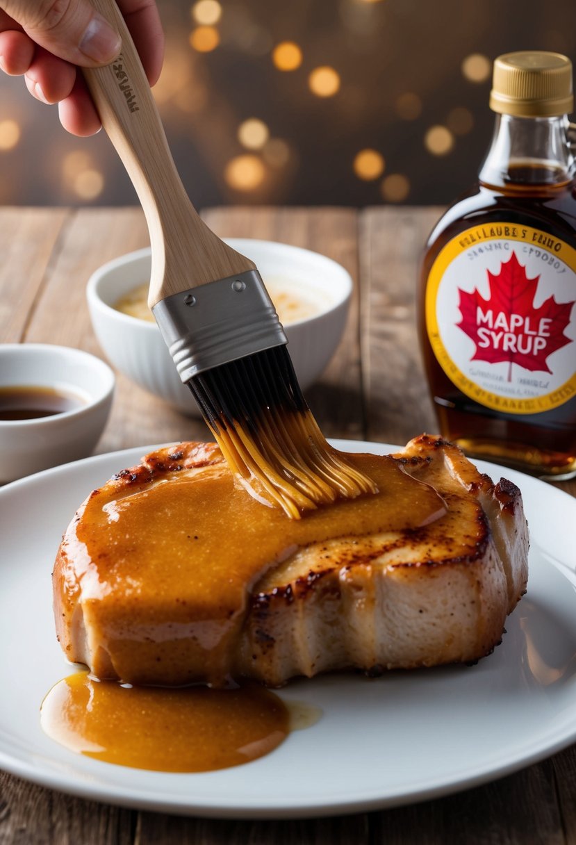 A pork chop being brushed with a shiny maple-mustard glaze, with a small bowl of the glaze and a bottle of maple syrup nearby