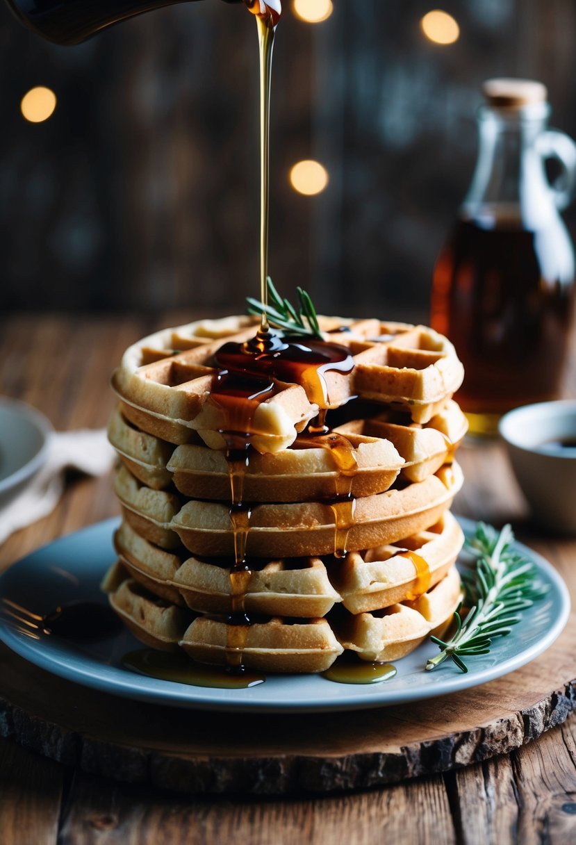 A stack of maple and rosemary waffles drizzled with syrup on a rustic wooden table