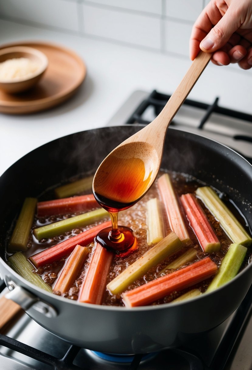 A wooden spoon swirling rhubarb and maple syrup in a bubbling pot on a stovetop