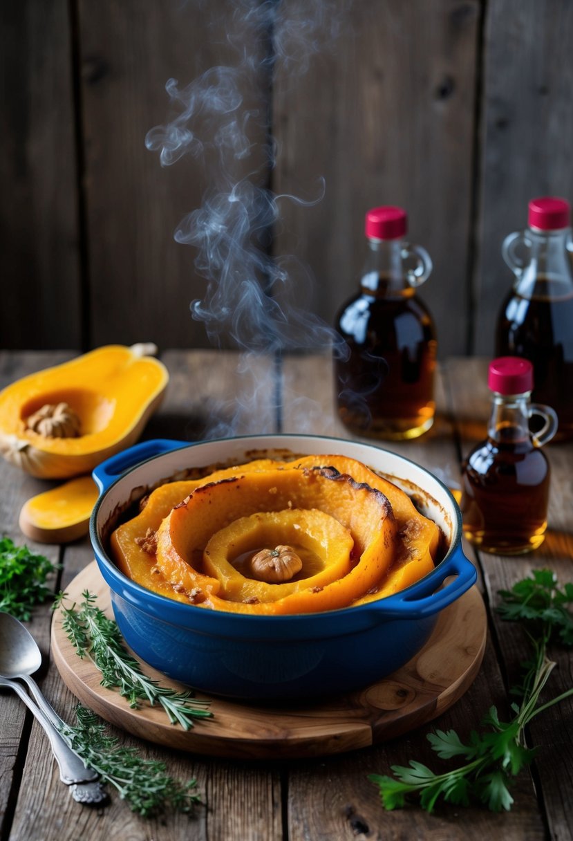 A rustic wooden table with a steaming casserole dish of maple-butternut squash, surrounded by scattered maple syrup bottles and fresh herbs