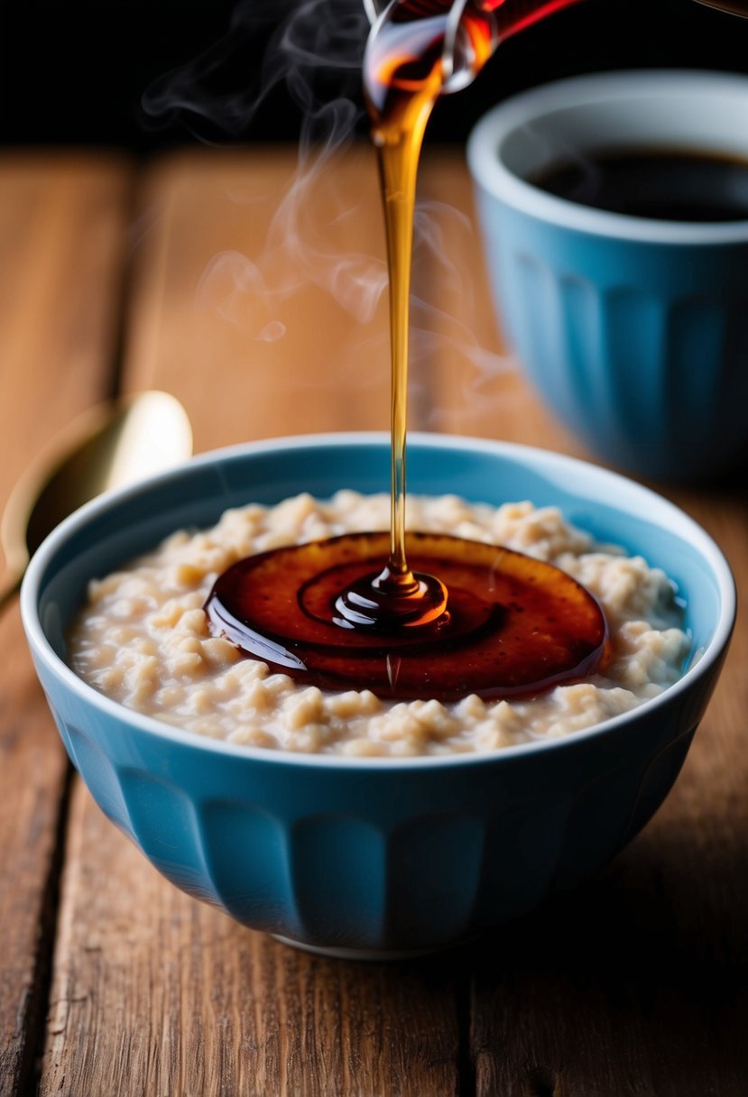 A steaming bowl of oatmeal topped with swirling maple syrup