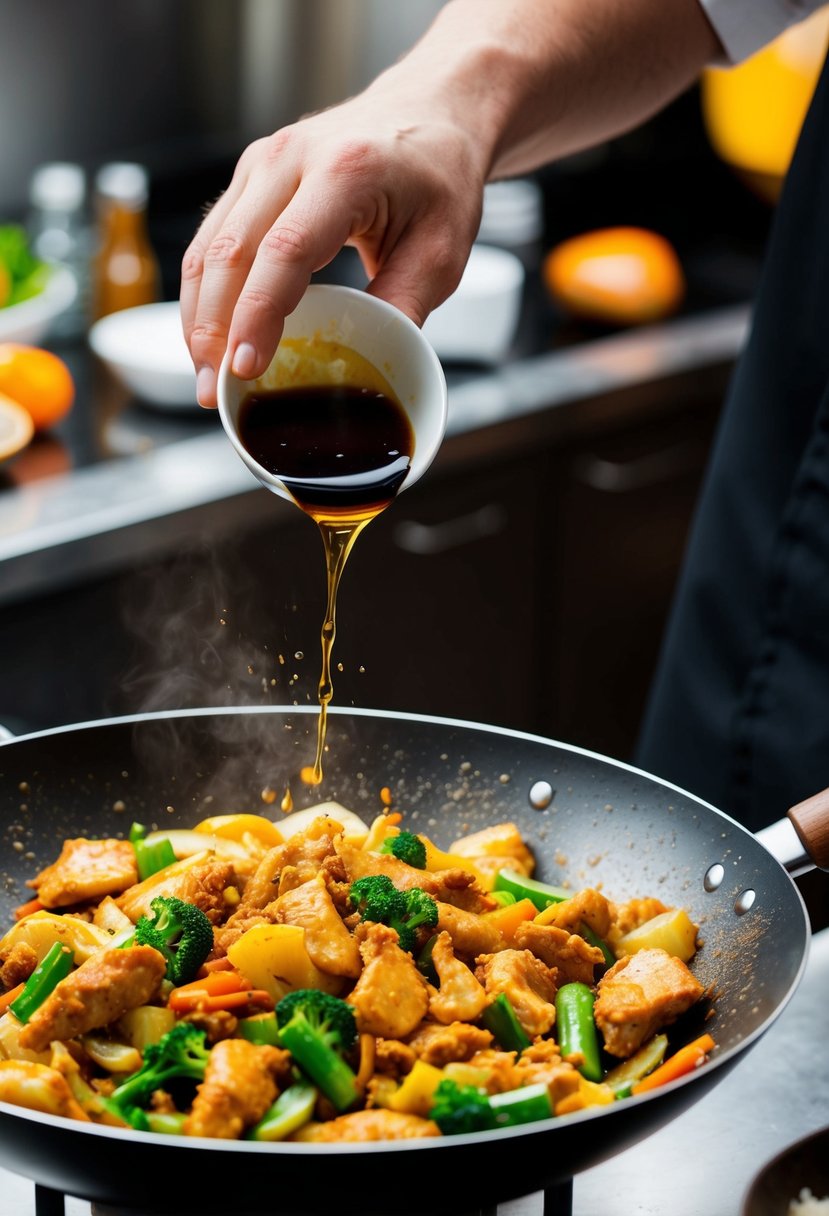 A sizzling wok with stir-fried chicken, vegetables, and aromatic spices. A chef's hand adds a splash of soy sauce