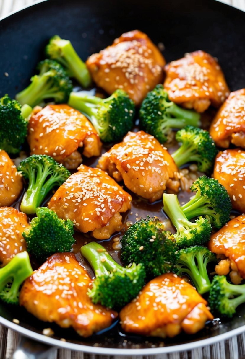 A sizzling wok of golden brown sesame chicken, surrounded by vibrant green broccoli and garnished with toasted sesame seeds