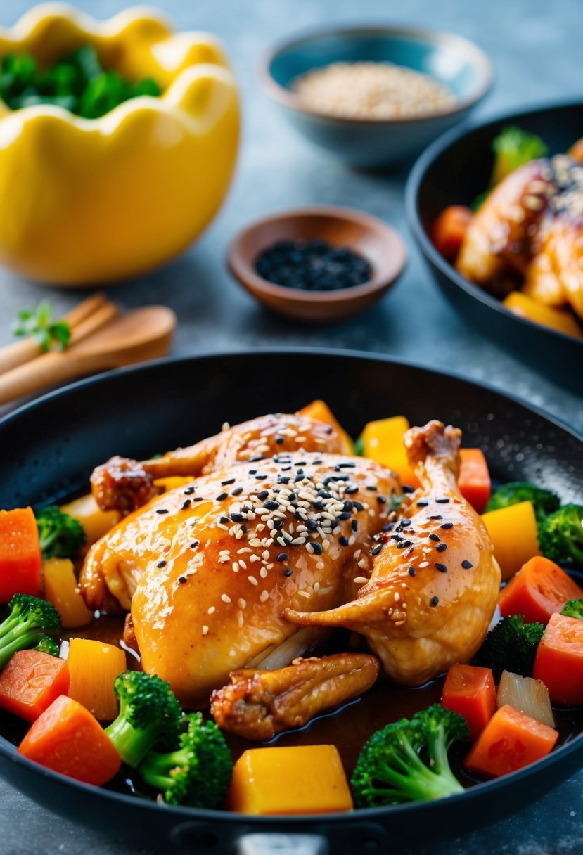 A sizzling honey glazed chicken dish surrounded by colorful vegetables and garnished with sesame seeds