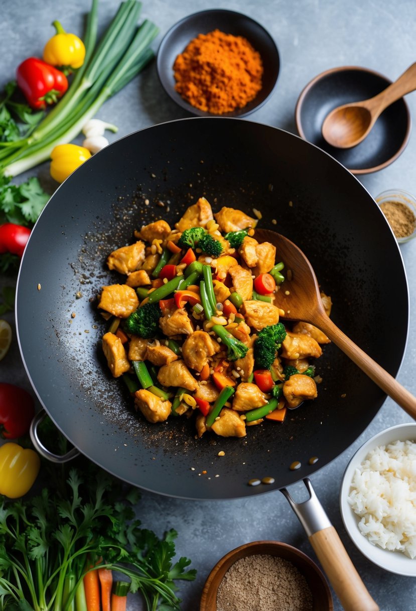 A sizzling wok filled with Mongolian chicken stir-fry, surrounded by colorful vegetables and aromatic spices