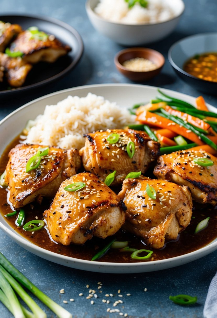 A platter of grilled chicken thighs with Asian-inspired marinade, garnished with sesame seeds and sliced green onions, served with a side of steamed rice and stir-fried vegetables