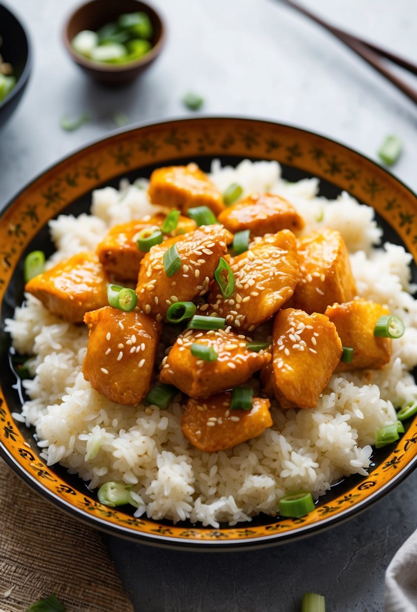 A sizzling plate of orange chicken with steamed rice, garnished with sesame seeds and green onions, served on a traditional Asian-style dish