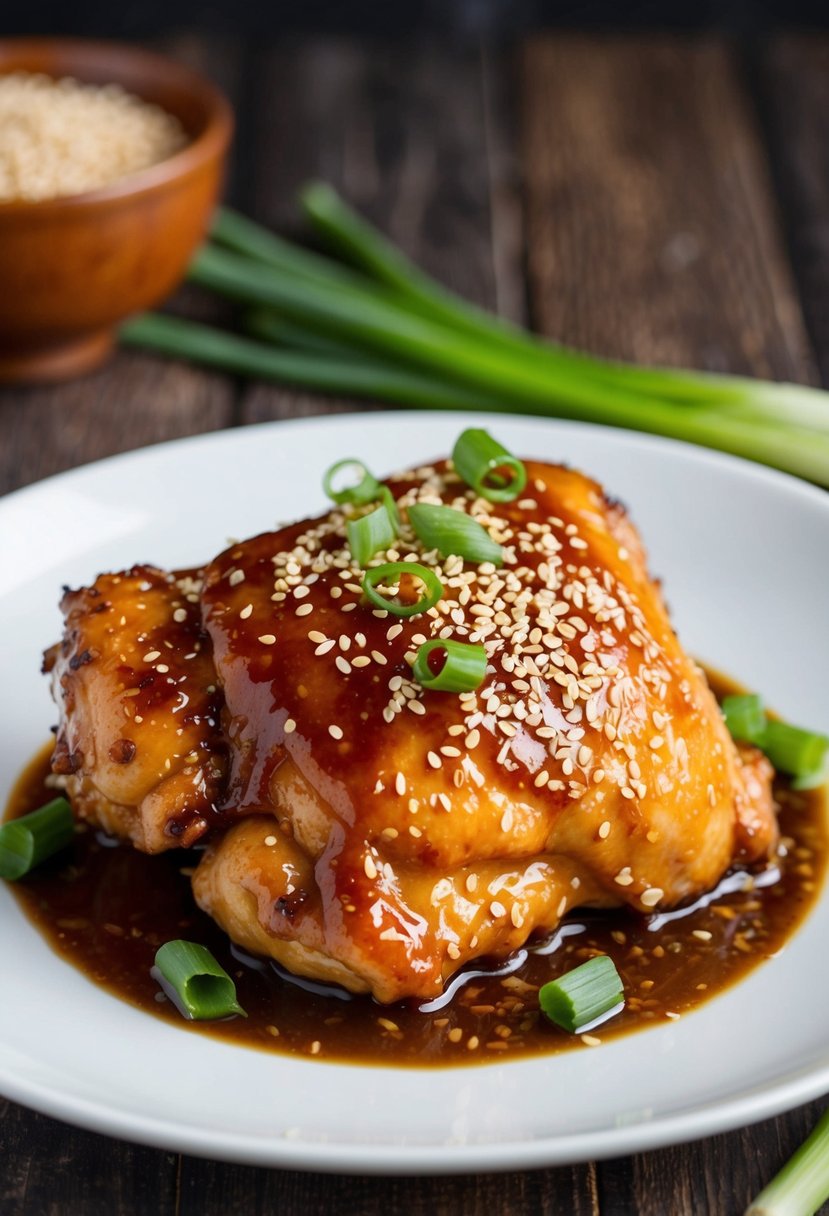 A sizzling chicken thigh covered in glossy, sticky Asian glaze, garnished with sesame seeds and green onions, on a white plate