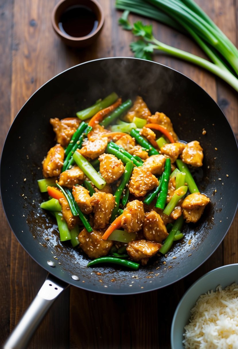 A sizzling wok of sesame chicken stir-fry with vibrant vegetables and a glossy, savory sauce