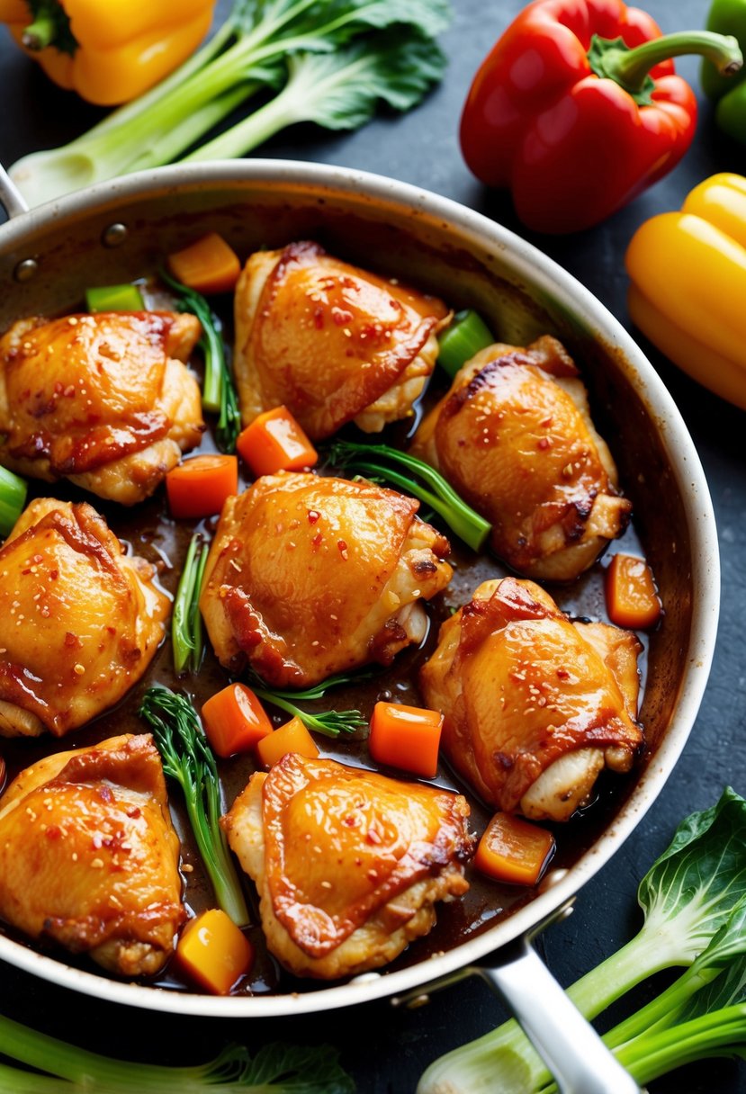 A sizzling pan of golden-brown Asian chicken thighs, glazed with a sticky, caramelized sauce, surrounded by vibrant green bok choy and colorful bell peppers