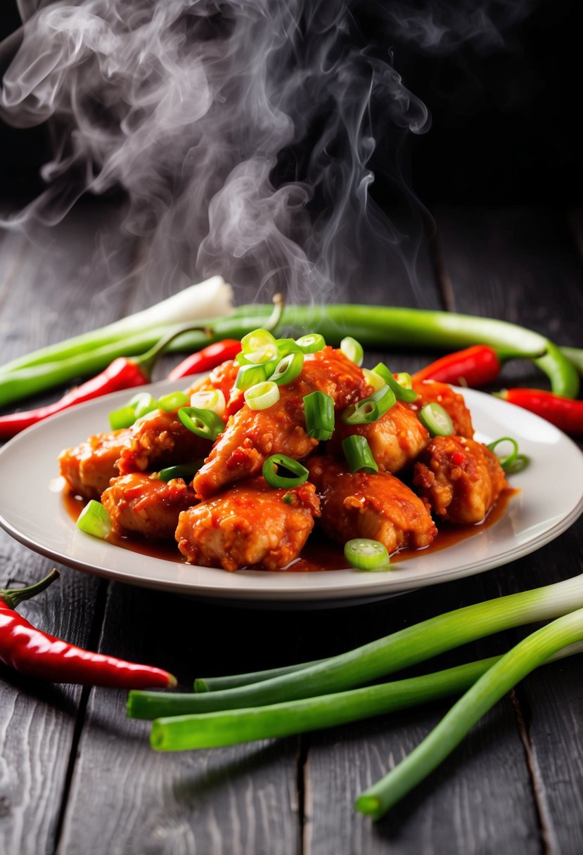 A steaming plate of spicy Asian chili chicken surrounded by vibrant red chili peppers and fresh green scallions