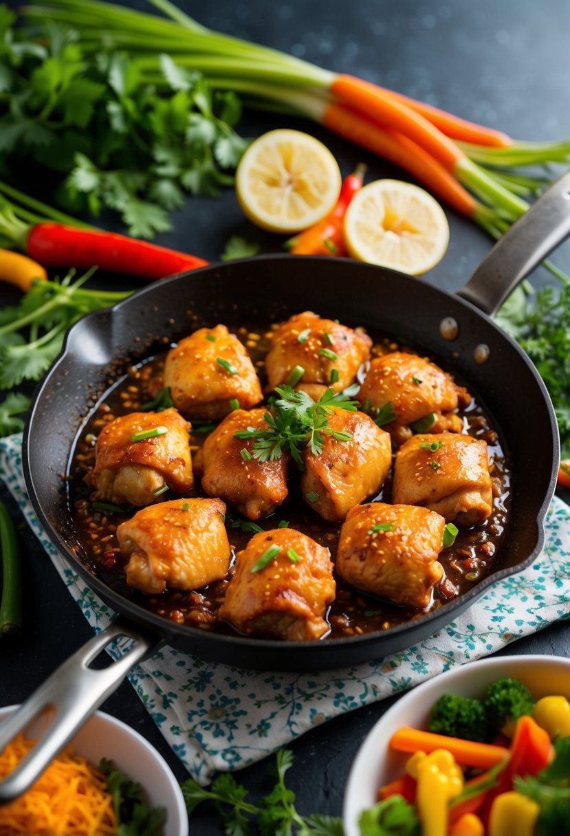 A sizzling skillet of sweet and spicy Asian chicken, surrounded by colorful vegetables and aromatic herbs