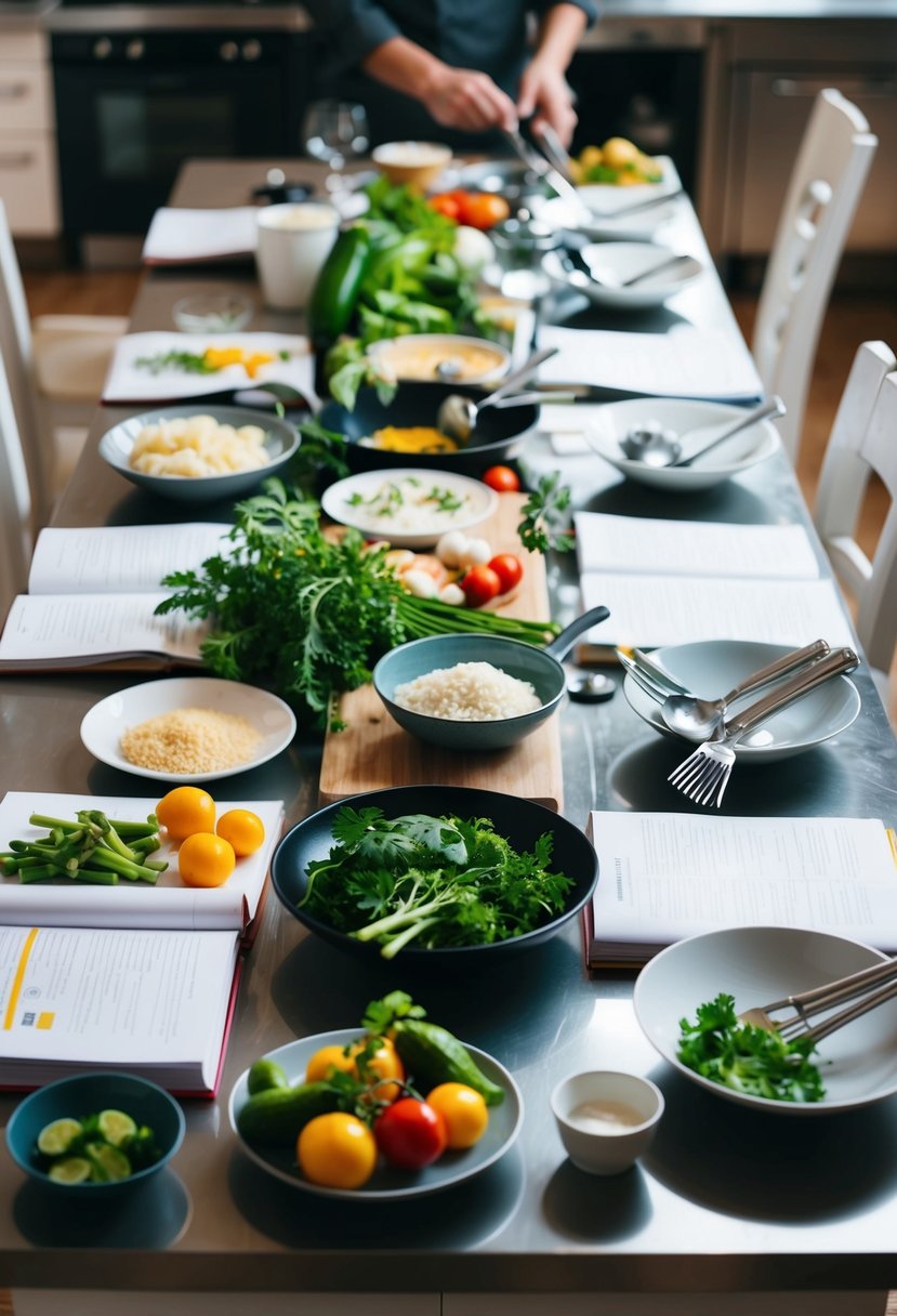 A chef's table with various cooking utensils, fresh ingredients, and open recipe books spread out, ready for culinary experimentation