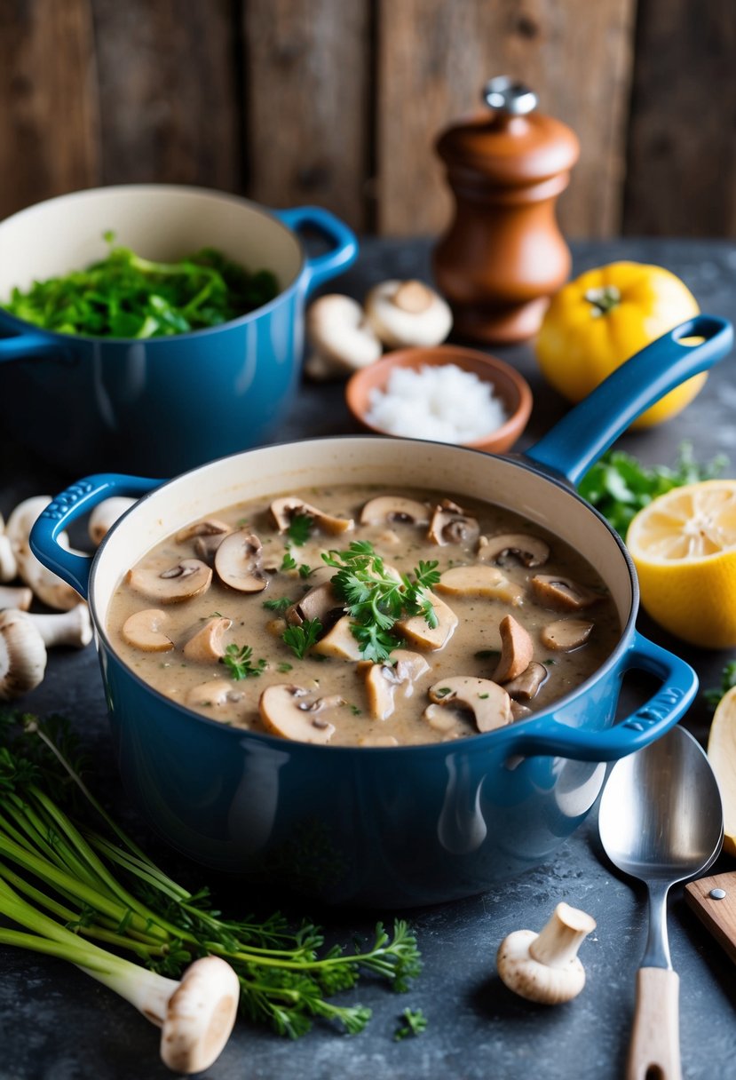 A simmering pot of Axis Deer Stroganoff with mushrooms, surrounded by fresh ingredients and cooking utensils on a rustic kitchen counter