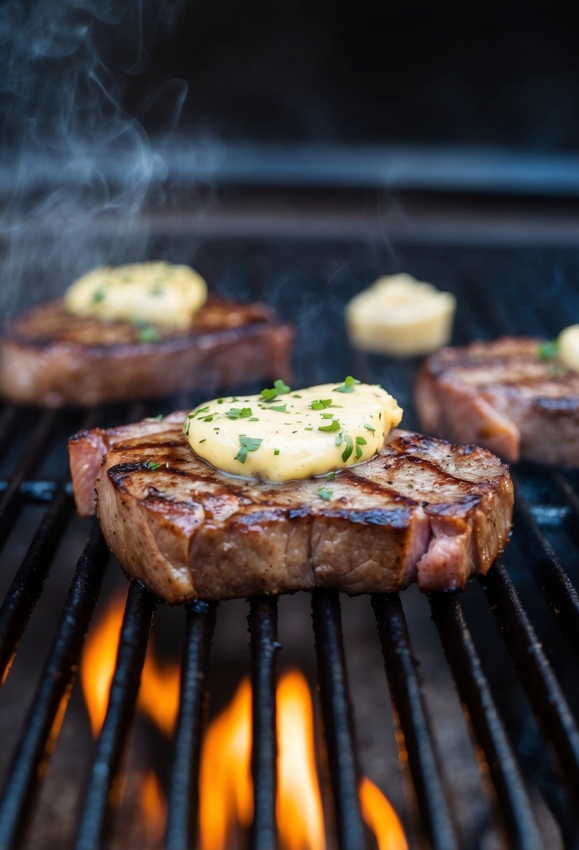 A sizzling venison steak, adorned with a rich garlic butter, cooks on a smoking hot grill