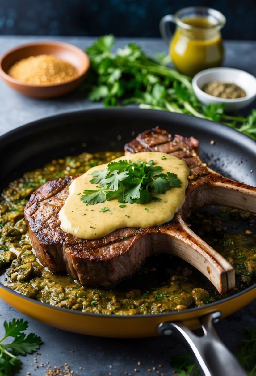 A sizzling pan with seared axis deer backstrap steaks topped with creamy poblano sauce, surrounded by fresh herbs and spices