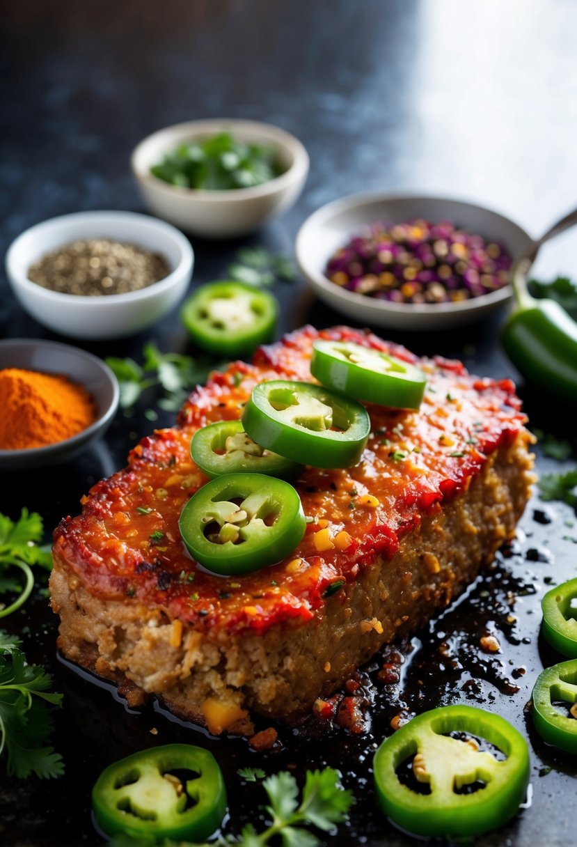 A sizzling meatloaf topped with sliced jalapeños, surrounded by a variety of colorful spices and herbs