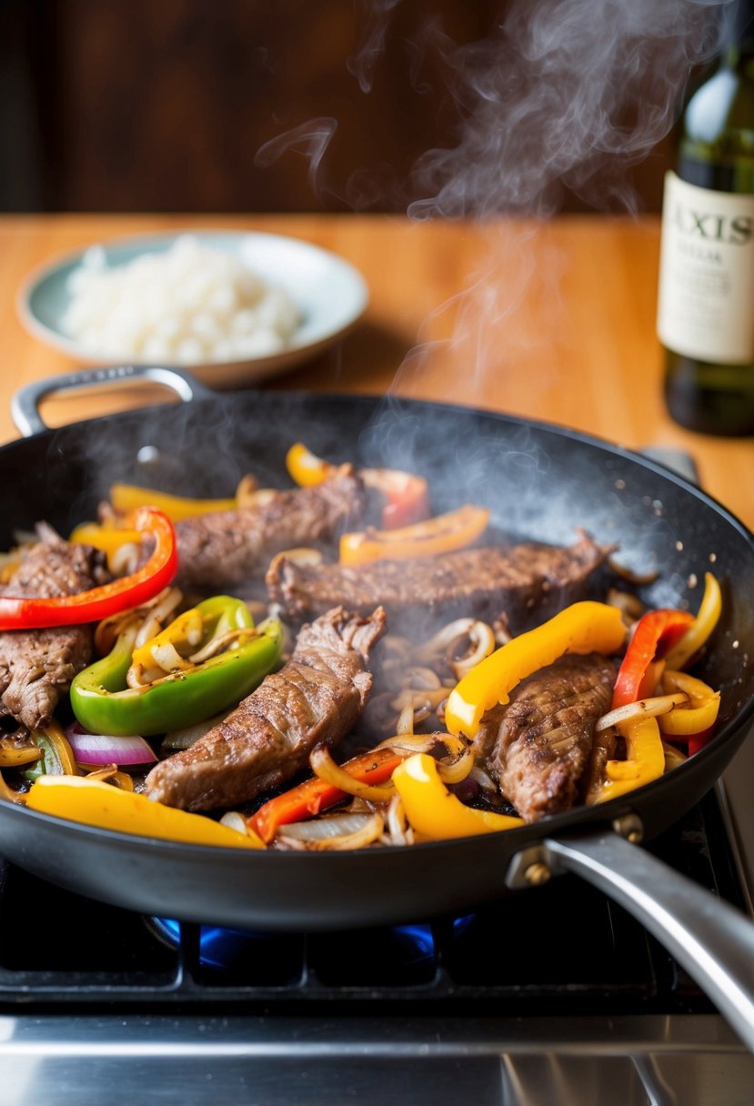 A sizzling skillet of axis deer fajitas being cooked with colorful bell peppers and onions, emitting a mouth-watering aroma