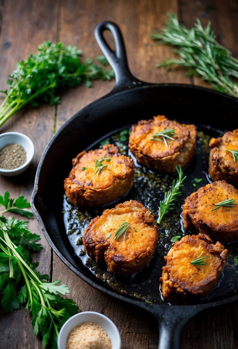 A sizzling cast iron skillet with crispy chicken-fried venison steaks, surrounded by fresh herbs and spices