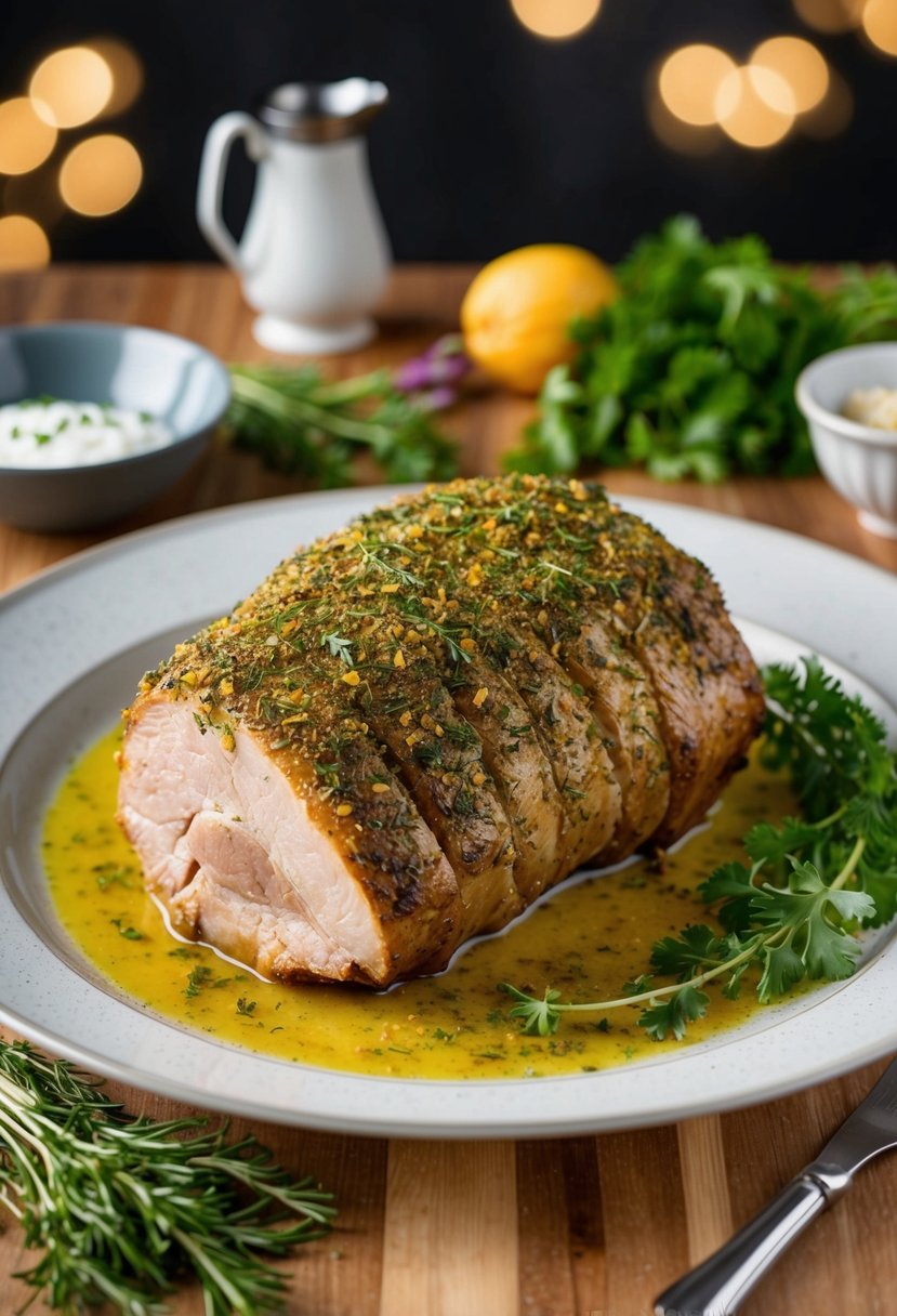 A platter with a golden-brown herb-crusted axis loin roast surrounded by fresh herbs and garnishes