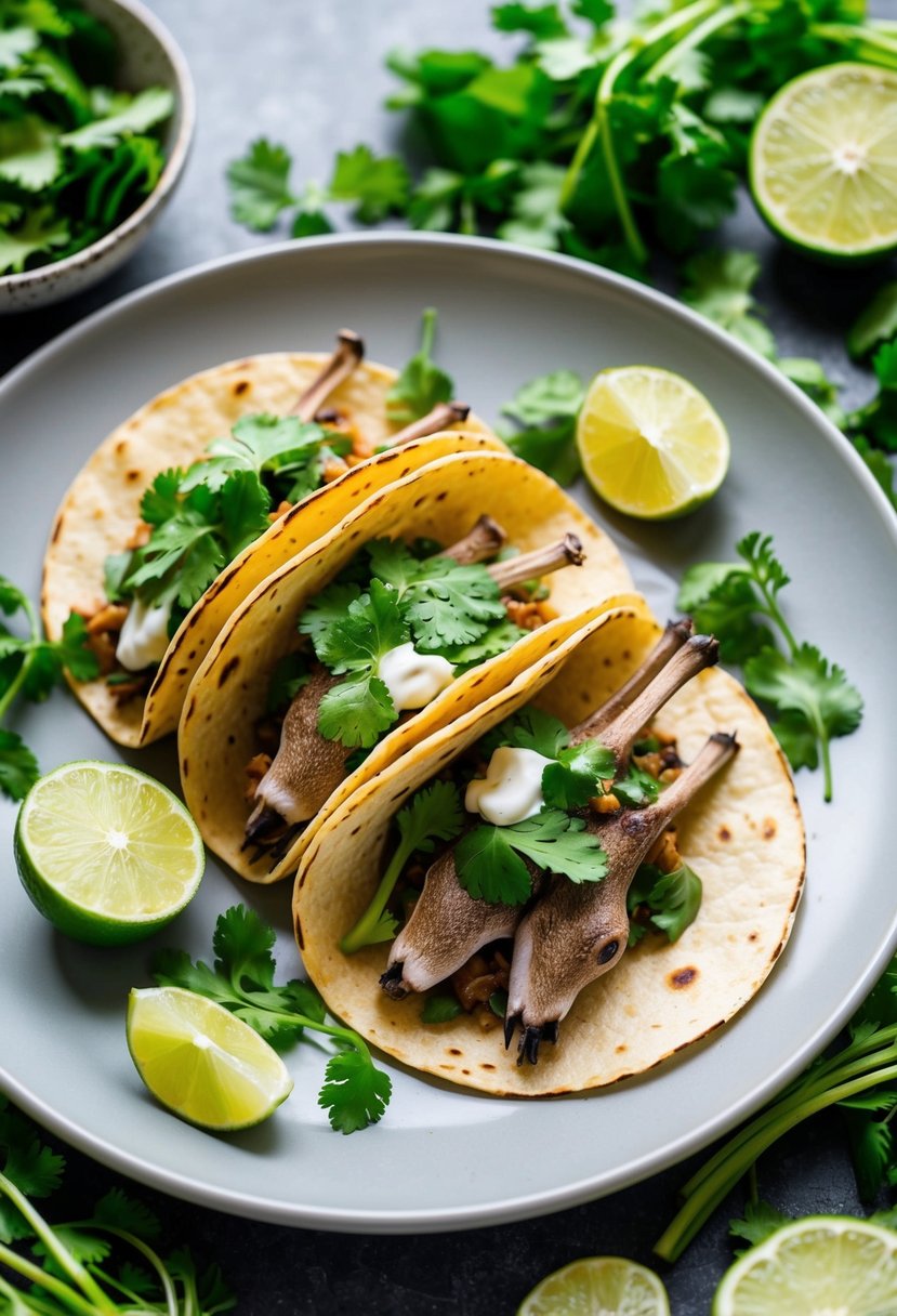 A plate of axis deer tacos with cilantro and lime, surrounded by vibrant green herbs and slices of fresh lime