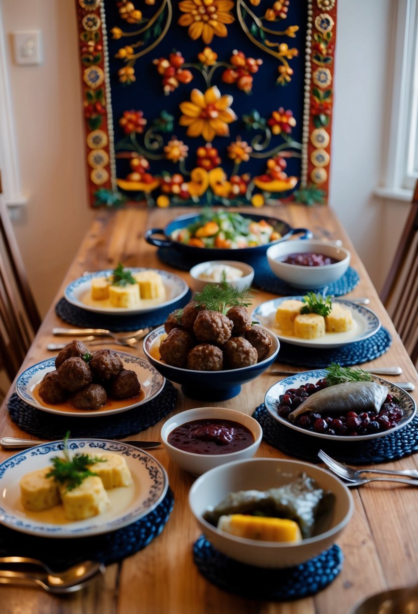 A table set with traditional Swedish dishes, including meatballs, lingonberry sauce, and pickled herring, surrounded by decorative Swedish folk art