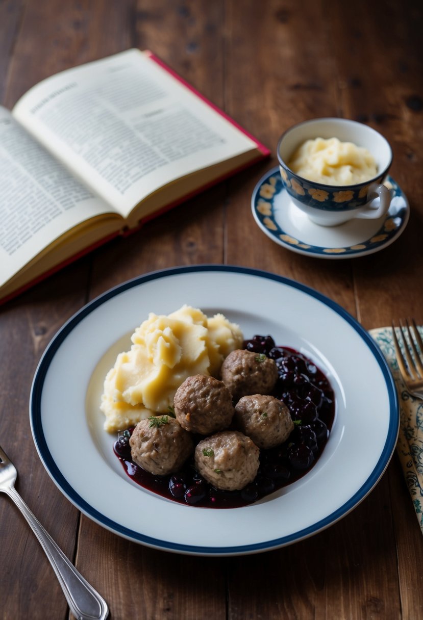 A table set with a plate of Swedish meatballs, lingonberry sauce, and mashed potatoes, with a traditional Swedish recipe book open nearby