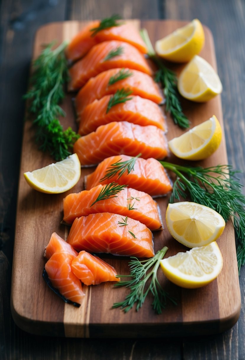 A wooden cutting board with slices of cured salmon, dill, and lemon wedges arranged in an appetizing display