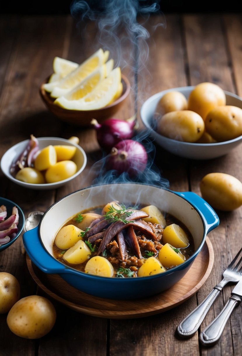 A rustic wooden table set with a steaming dish of Jansson's Temptation, surrounded by ingredients like potatoes, onions, and anchovies